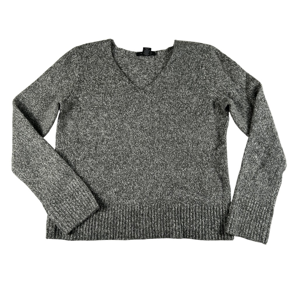 Tahari Sweater Womens Large Gray Acrylic V Neck Marled Knit Stretch Pullover